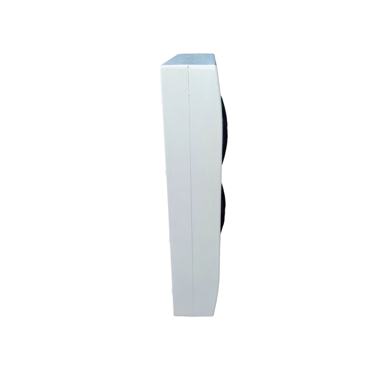 A stainless steel dinner fork with a black handle featuring three silver rivets, shown vertically against a plain white background.