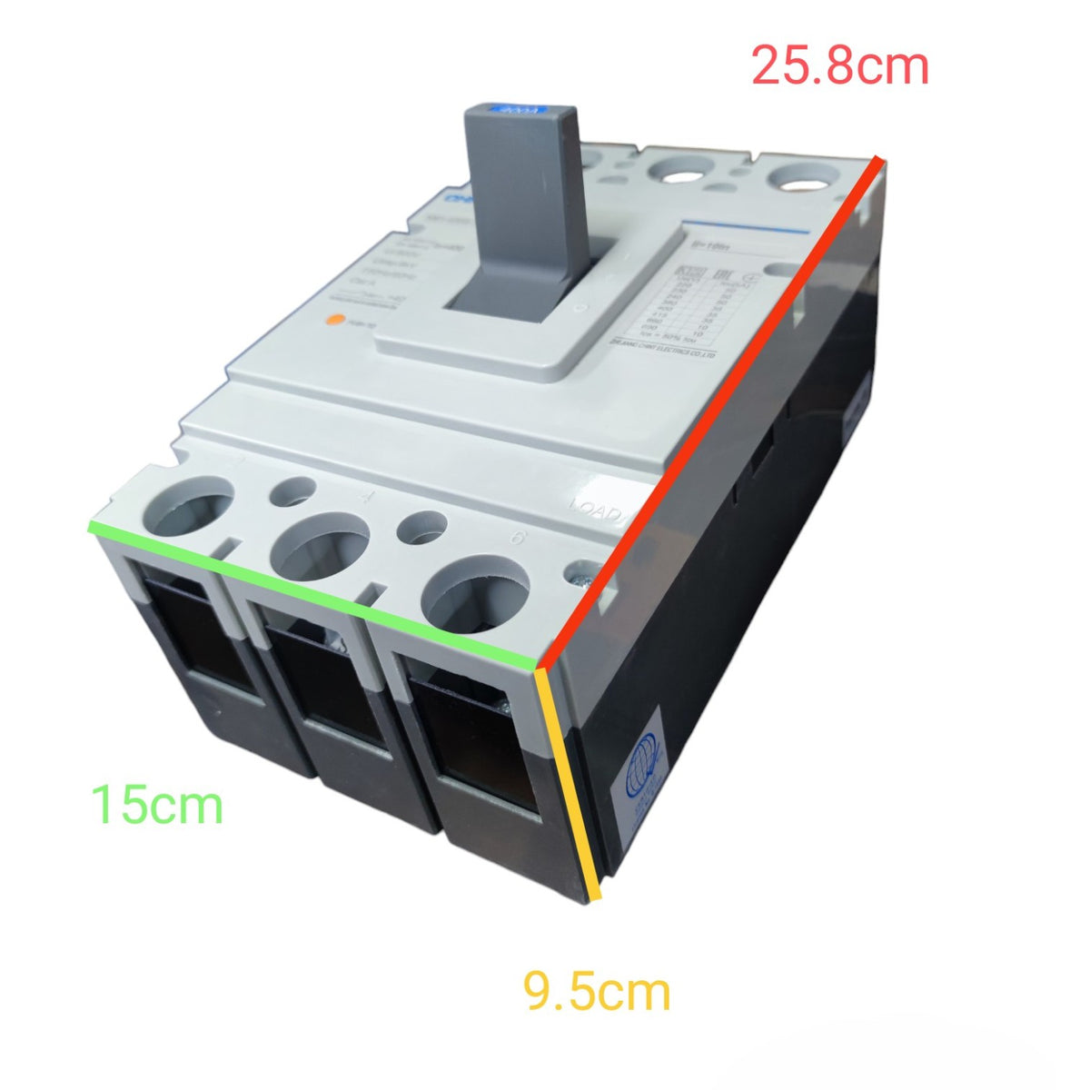 An electrical contact breaker shown on a white background with red, green, yellow, and orange dimension lines and text indicating measurements of 25.8cm, 15cm, 9.