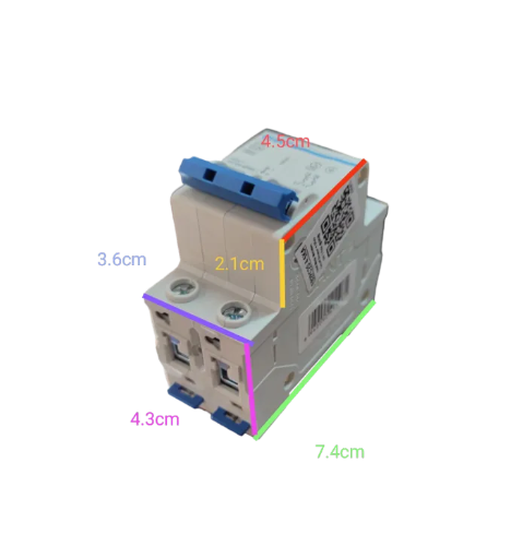 Electrical device with dimensions labeled on a white background