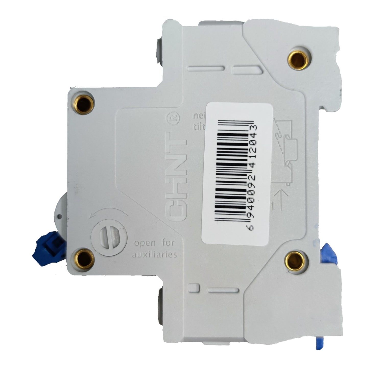 A CHNT auxiliary electrical contact module, likely a 3-way or 4-way relay, shown from the back against a white background. The module is primarily light gray with gold screw terminals, blue plastic end caps, and a white barcode label.