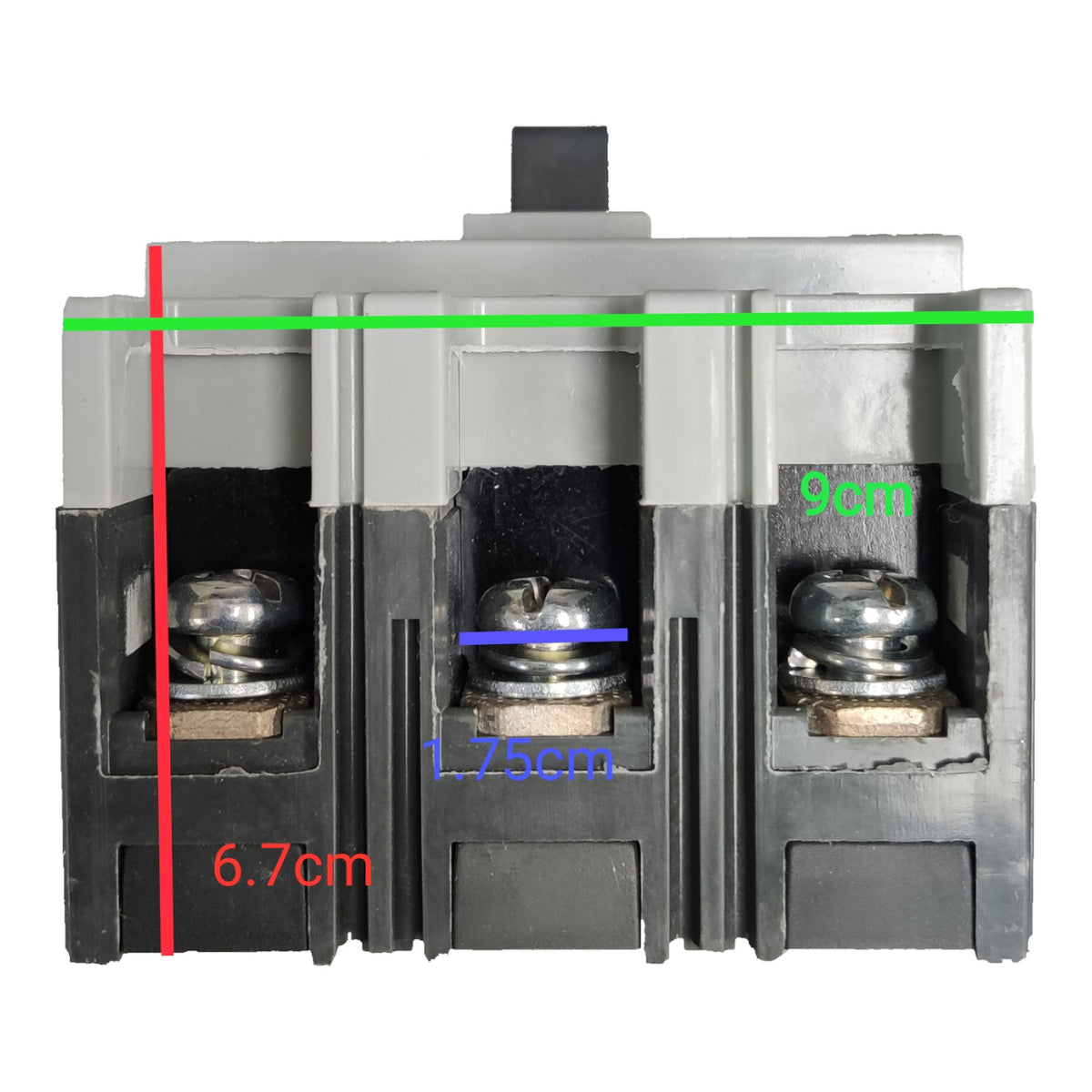 A three-terminal electrical contactor or relay component shown on a white background with overlaid dimension lines and measurements in red, green, blue, and black text.