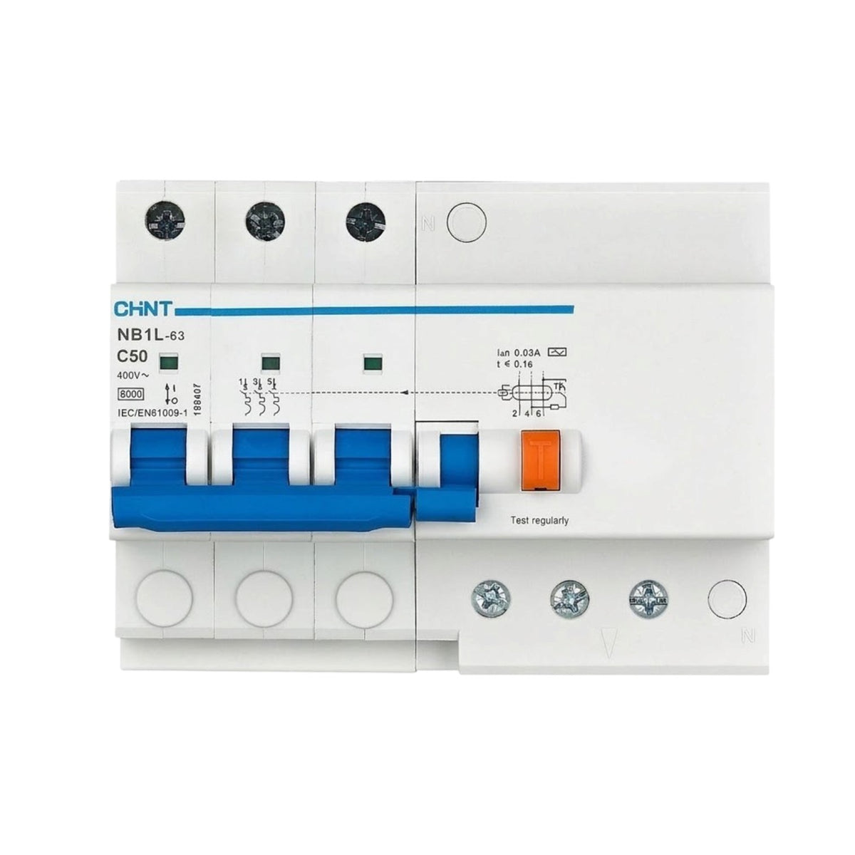 Chint 50A 3P+N 30mA 6KAIC 400V Residual Current Circuit Breaker with Overcurrent Protection RCBO NB1L-63-50A3P+N