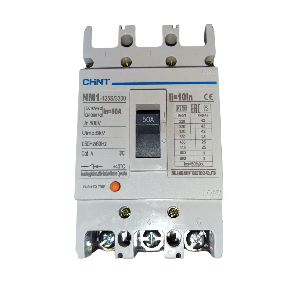 Chint 50A 3 Pole Industrial Circuit Breaker 3 Phase 125AF 25 KAIC 400VAC NM1-125S/3300/50A , Circuit Breakers