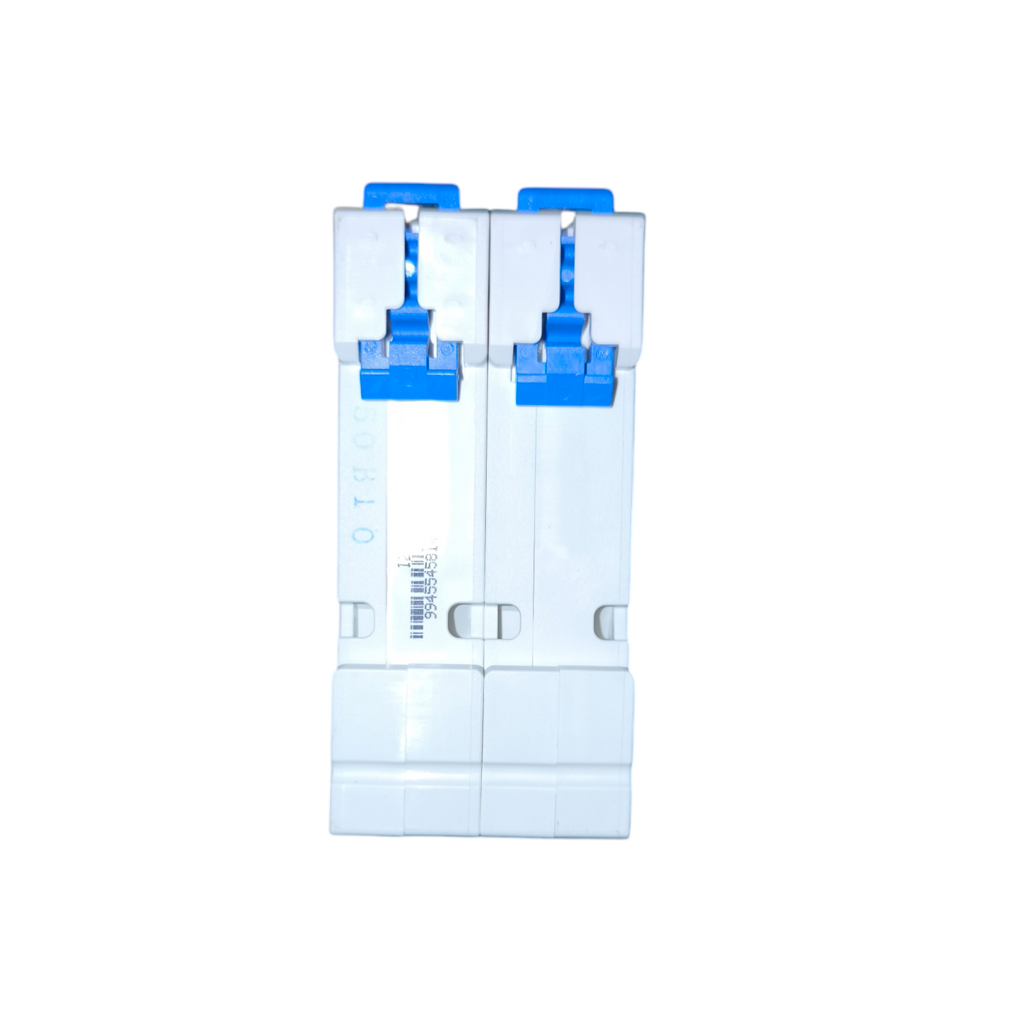 Two blue syringes in a clear plastic holder on a white background