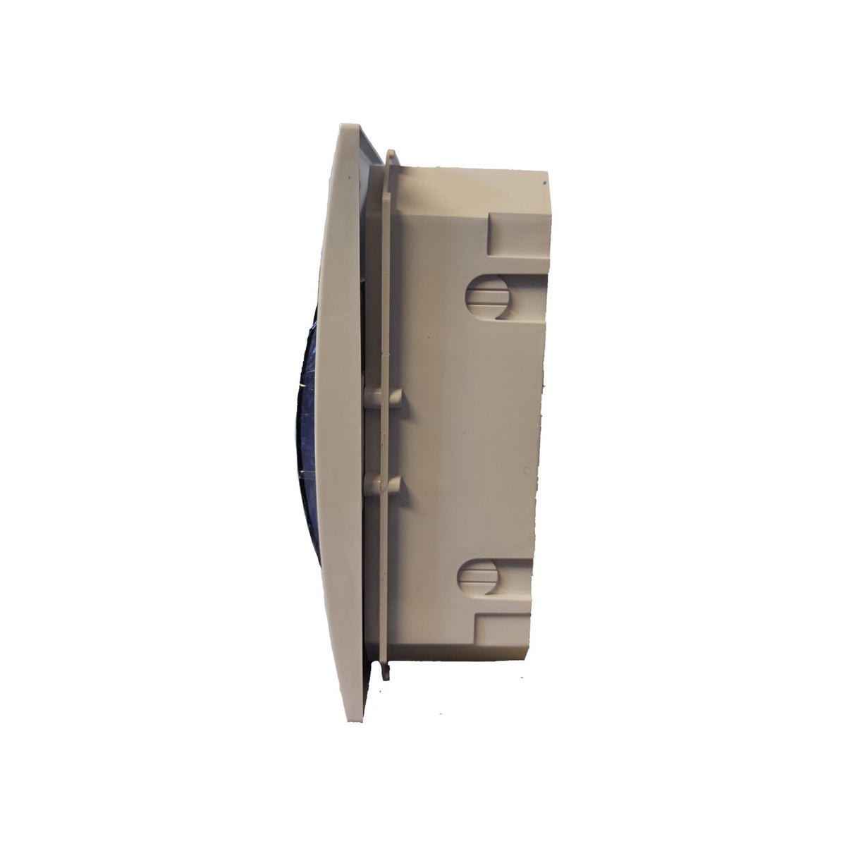 A side profile view of a beige plastic electrical junction box or terminal block with a dark blue circular component visible on the left, isolated on a white background.
