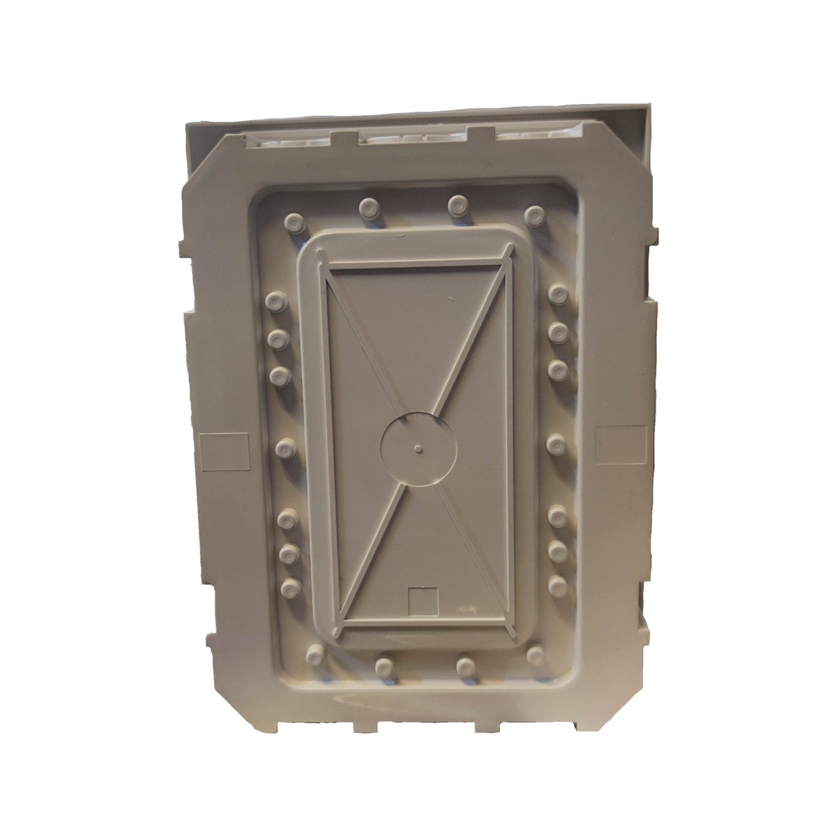 A gray molded plastic industrial component or enclosure panel with a textured surface, circular mounting holes, and a central geometric recess, shown against a plain white background.