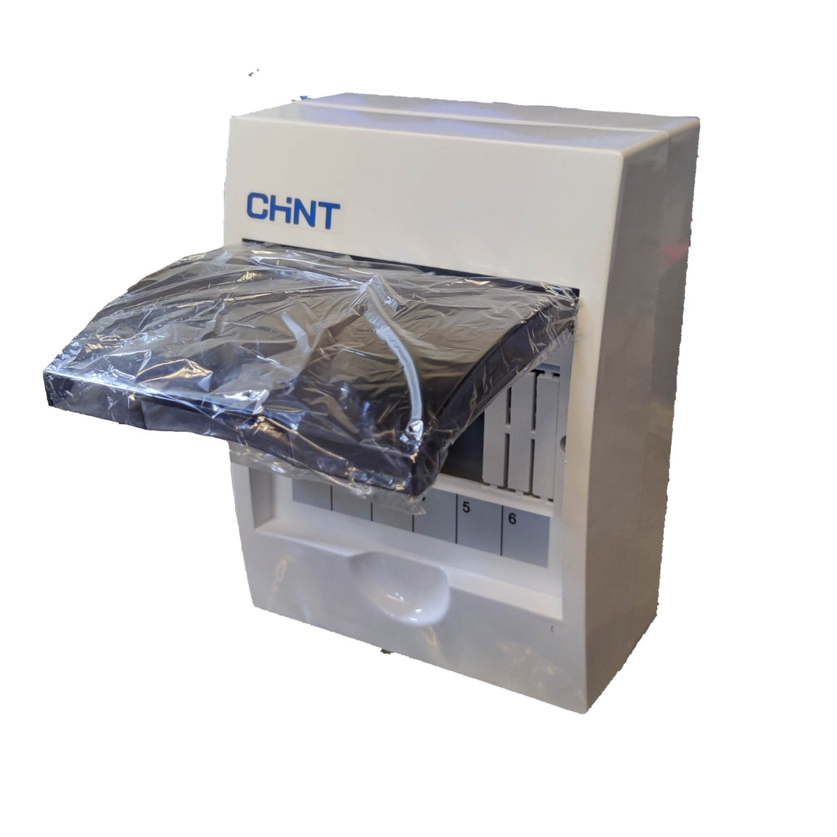 A CHNT wall-mounted dispenser unit in white plastic, with a dark tray or insert partially extended out from the front and wrapped in clear plastic. The CHNT logo is printed in blue on the upper front.