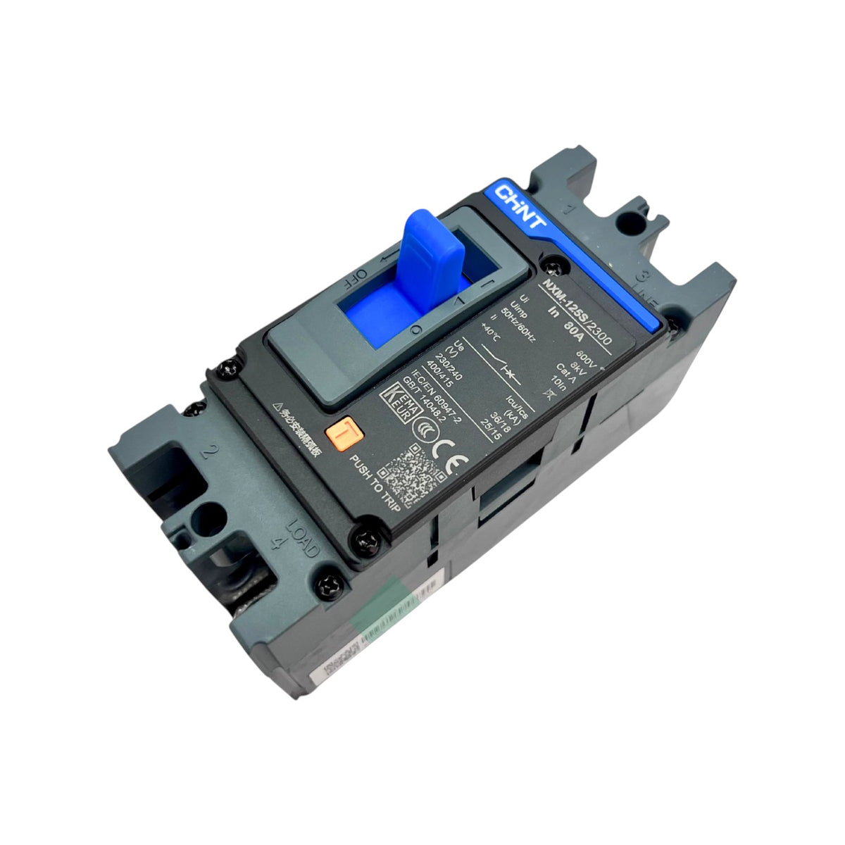 A Schneider Electric contactor with a dark gray plastic body, a blue handle, and blue terminal strips, shown on a plain white background.