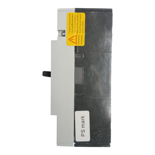 A Siemens industrial electrical component, likely a module or relay, featuring a dark gray plastic body, a light gray side panel, a yellow warning label, and a white sticker labeled 'PS mark'.