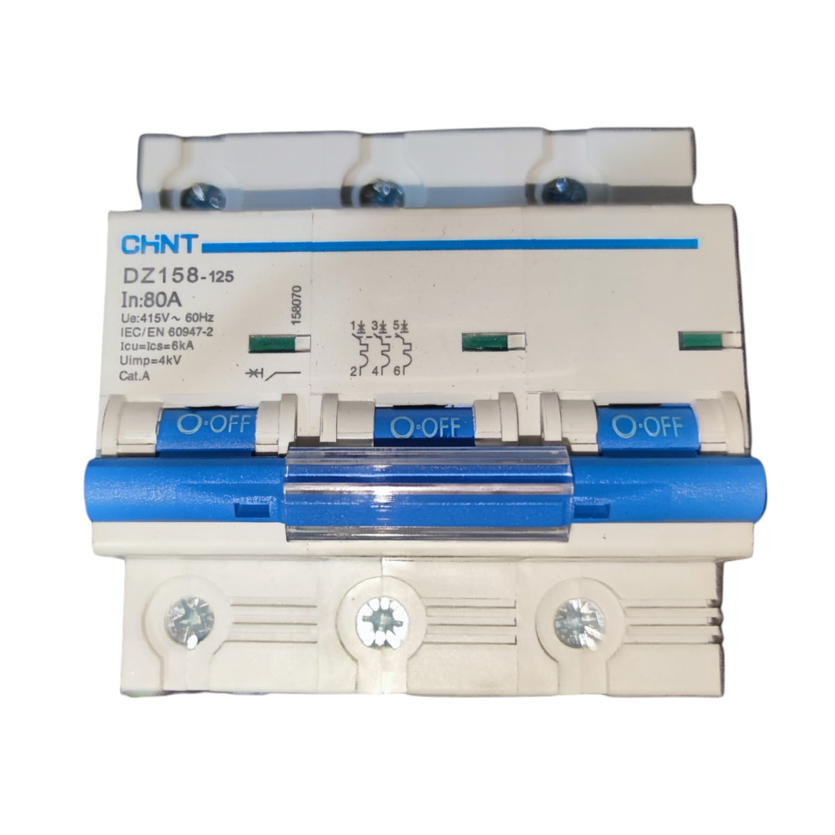 A CHNT DZ158-125 circuit breaker with a beige plastic housing and blue accents, including a blue handle and blue printed text, shown against a plain white background.