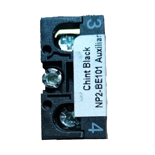 A small black electrical terminal block with a white label reading 'Chint Black NP2-BE101 Auxiliary'. The block has two silver screw terminals and is shown on a plain white background.