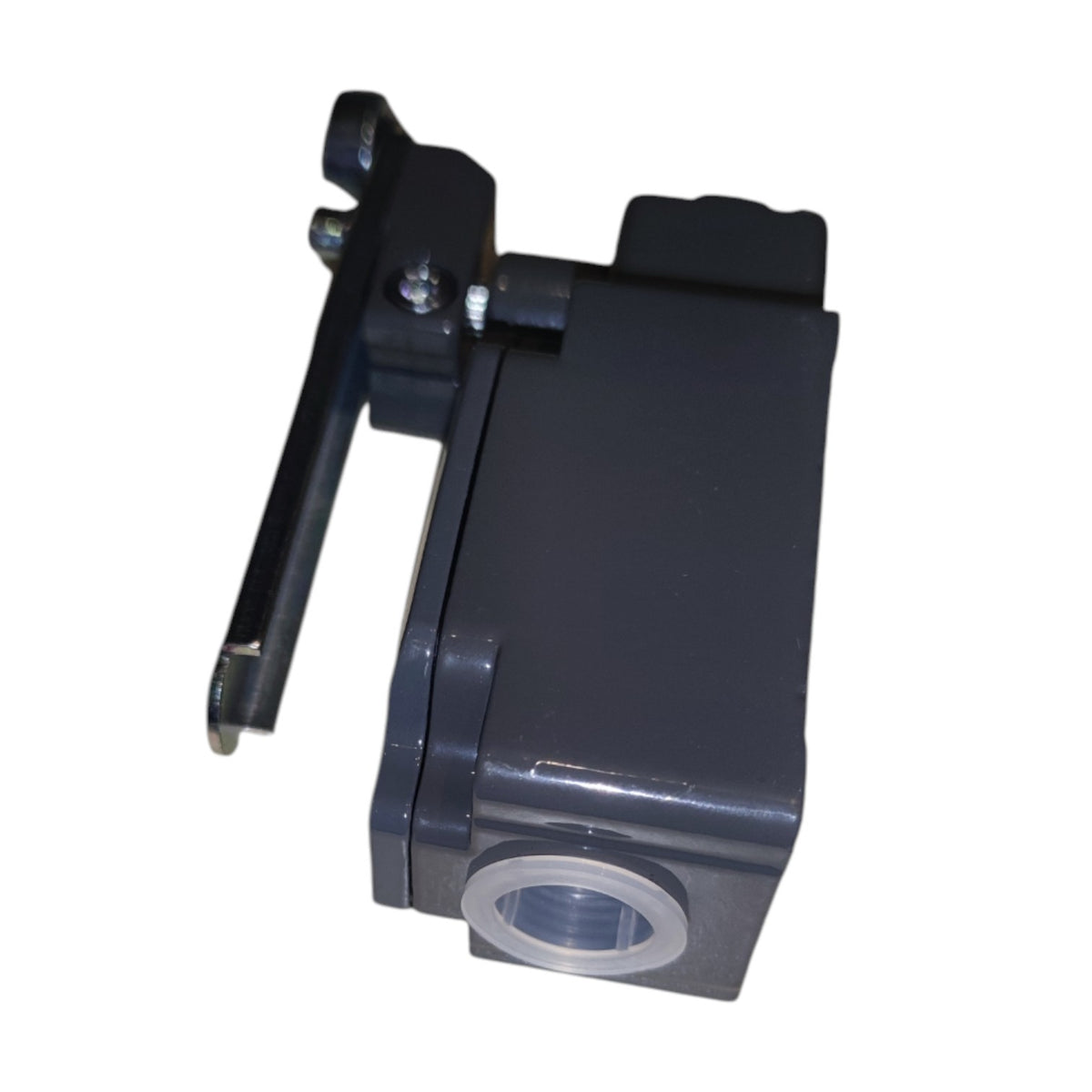 A dark gray metal mechanical component with a mounting bracket and a threaded opening, shown on a plain white background.