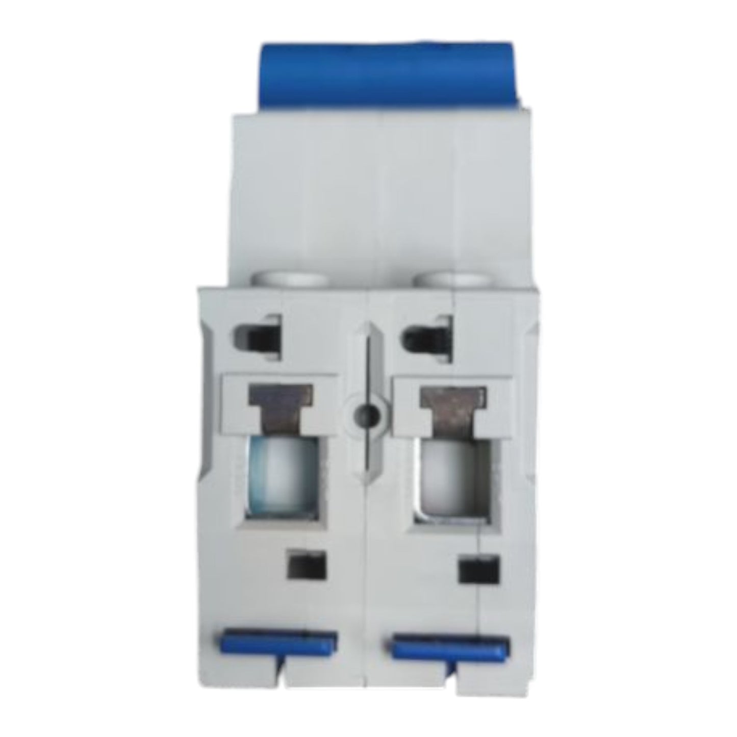 A white double-pole circuit breaker with blue terminal caps on a plain white background.