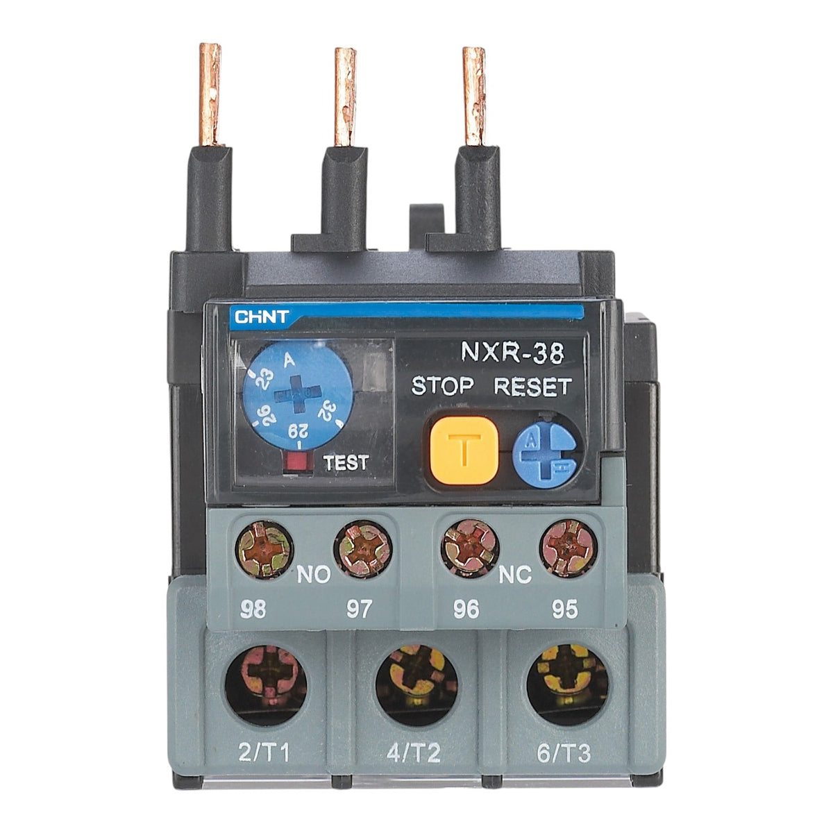 A CHNT NXR-38 thermal overload relay with a black and gray housing, featuring a blue test dial, yellow test button, and three copper-colored terminal leads on top, set against a plain white background.