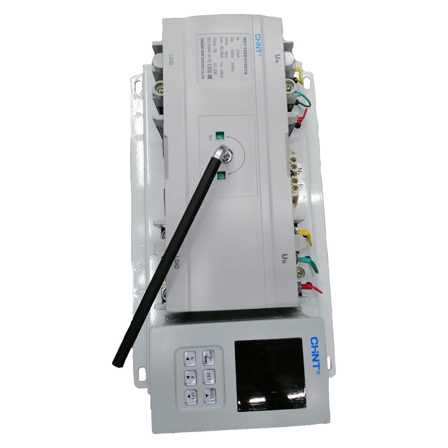 Control panel with various connectors and a screen on a white background