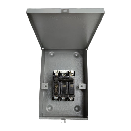 GE 3 phase circuit breaker with enclosure featuring four circuit breakers in a protective metal housing