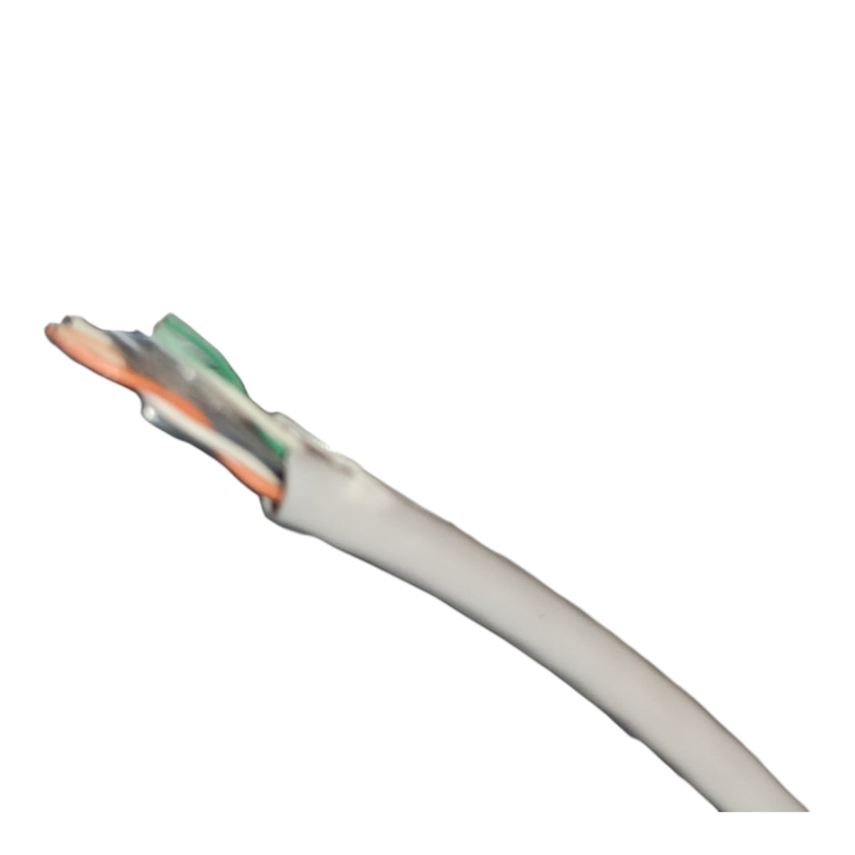 A close-up of a white Ethernet cable showing the exposed inner wires, including orange, green, white, and gray strands, on a solid white background.