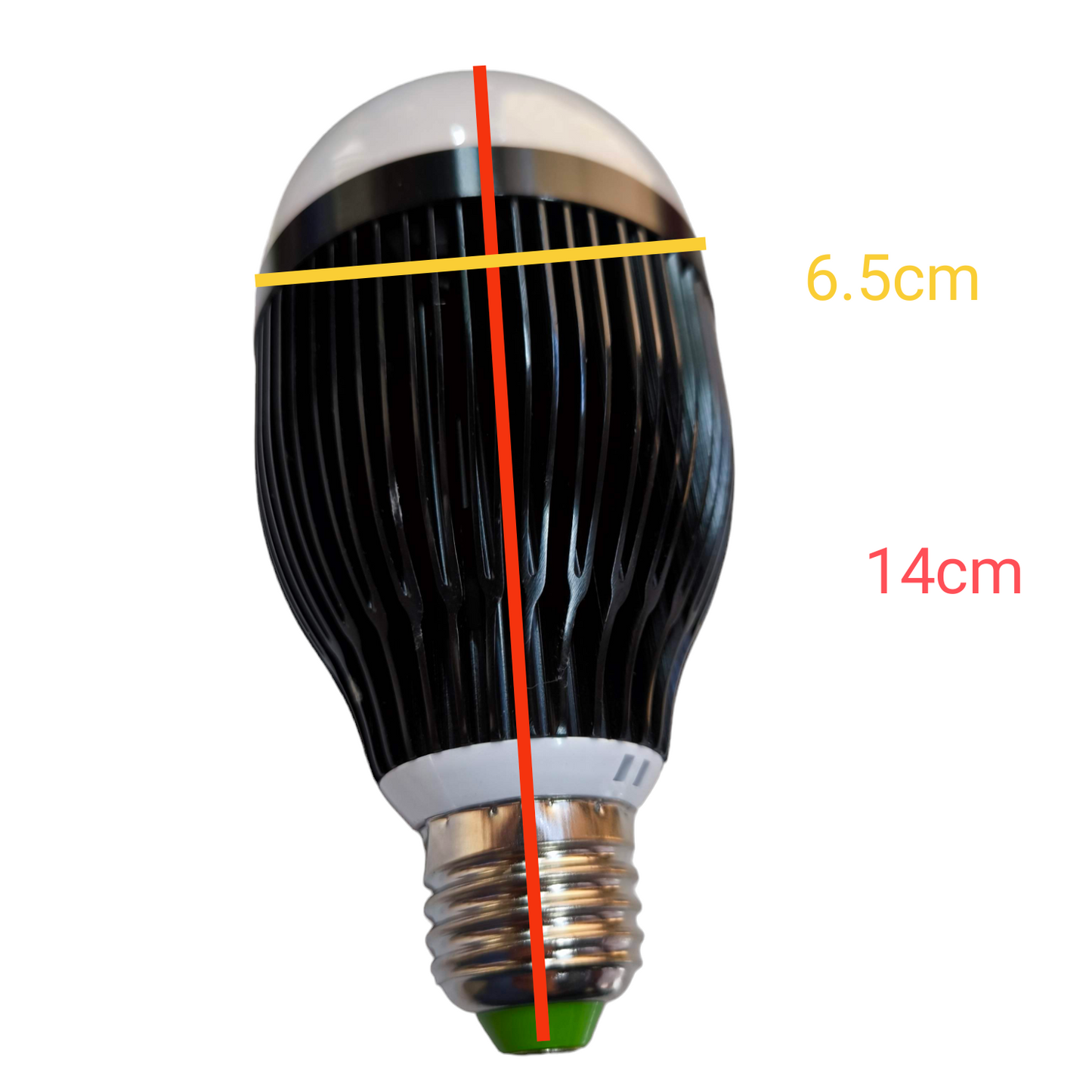 Black LED light bulb with measurements on a white background Denko 12W LED Industrial Bulb with Heat Sink E27 220V SMD LED Available in 3000K Warm White or 6500K Daylight Electx Electrical SUpply