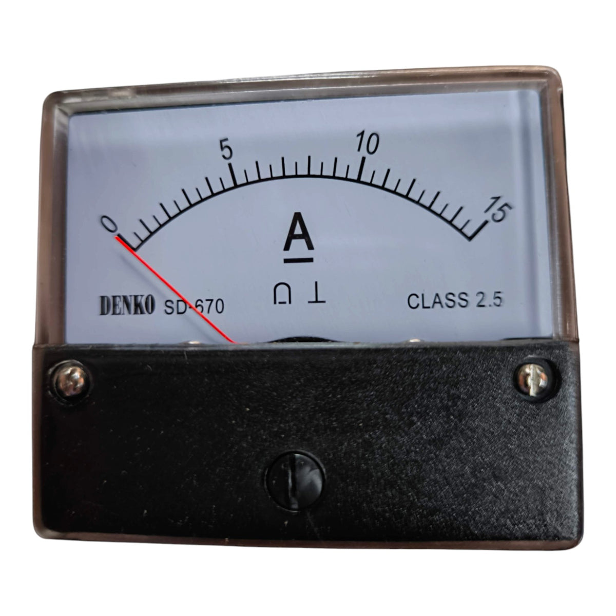 A Denko SD-670 analog ammeter gauge with a black case, clear protective cover, and white dial face showing current measurements in Amperes (A).