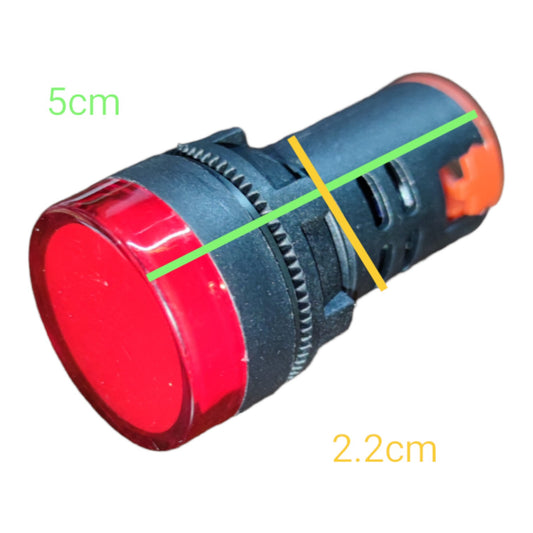 A red and black industrial push-button or indicator socket shown on a white background with green and yellow measurement lines and text labels reading 5cm and 2.2cm.