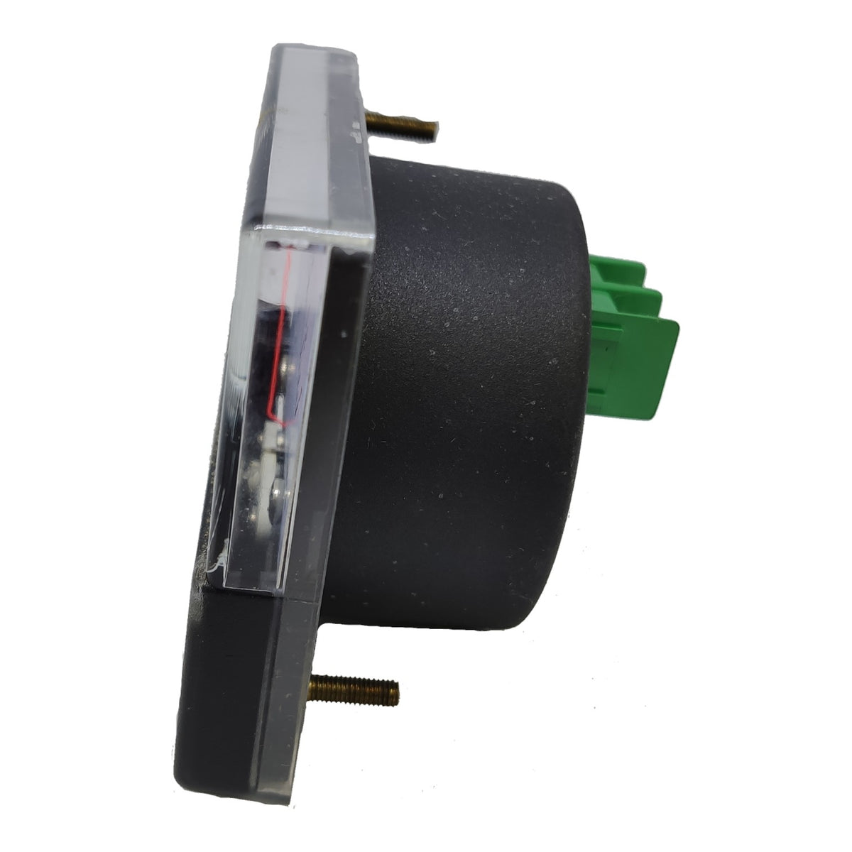 A small black cylindrical electronic component or sensor module with a clear protective cover on one side, green terminal pieces on the other, and metal screw terminals, shown on a plain white background.