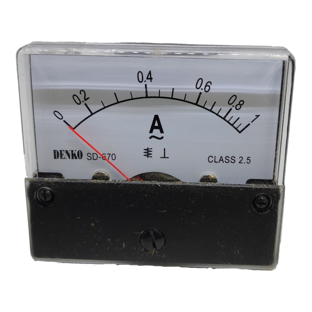 A Denko SD-670 analog ammeter with a black case, clear protective cover, and a white dial face showing current measurements up to 1 A.