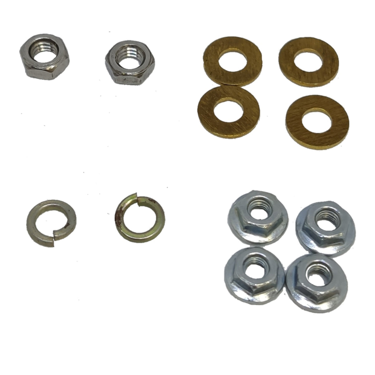 A set of metal fasteners on a plain white background, including silver hex nuts, four gold-toned flat washers, two silver lock nuts, and two open-end lock washers.
