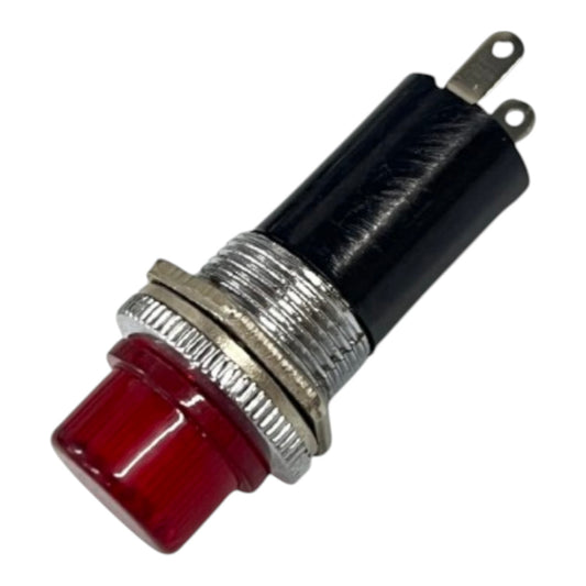 A red push-button indicator light with a black plastic body, silver metal terminal ring, and two metal screw terminals, shown on a plain white background.