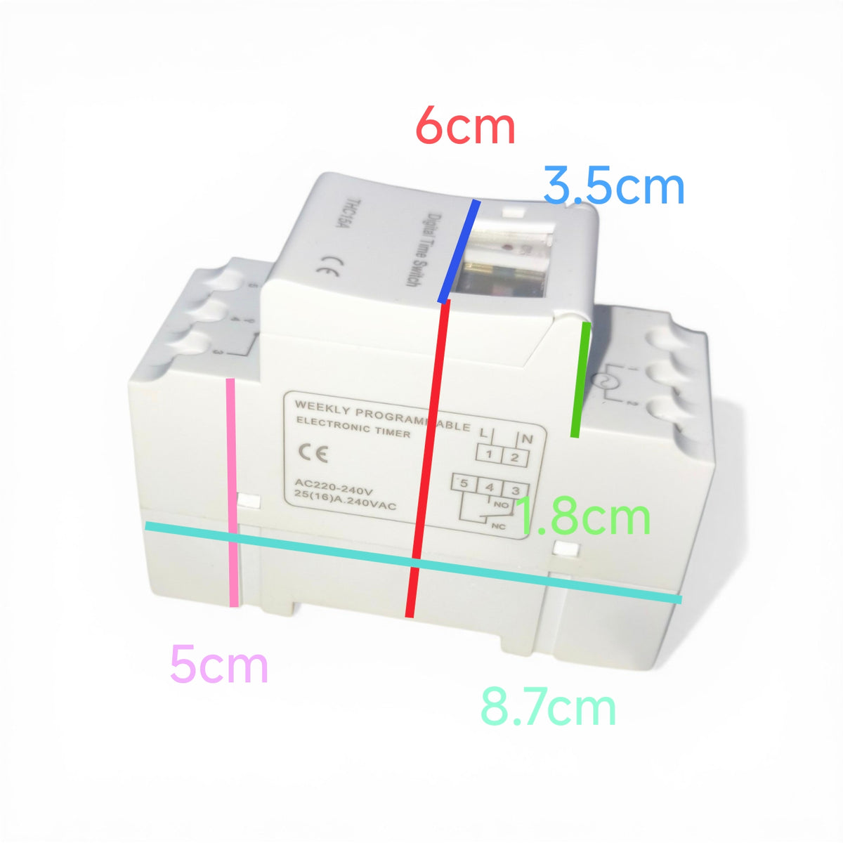 White electronic timer with dimensions labeled on a white background
