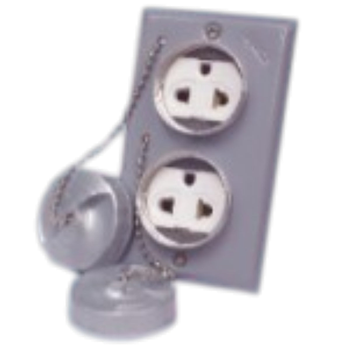 Gray dual outlet electrical switch with two pull-chain operated switches on a white background.