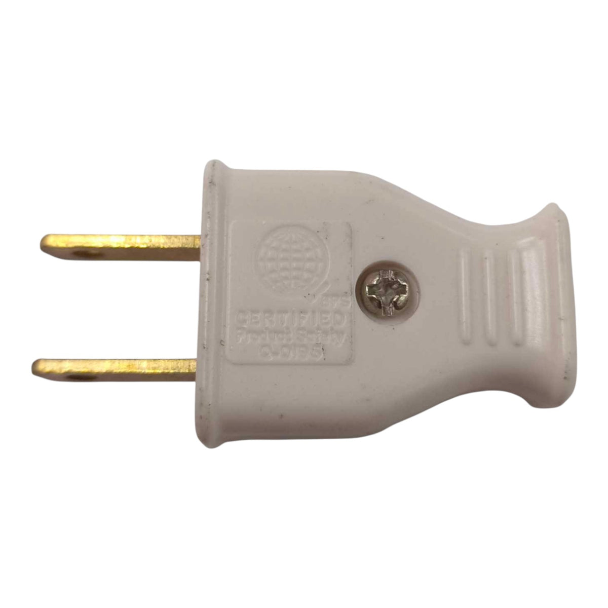 A white plastic electrical plug adapter with two gold-toned metal pins, shown against a plain white background.