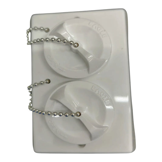 A white plastic dual-fuel oil canister with two pull chains attached to the top and bottom, shown on a plain white background.