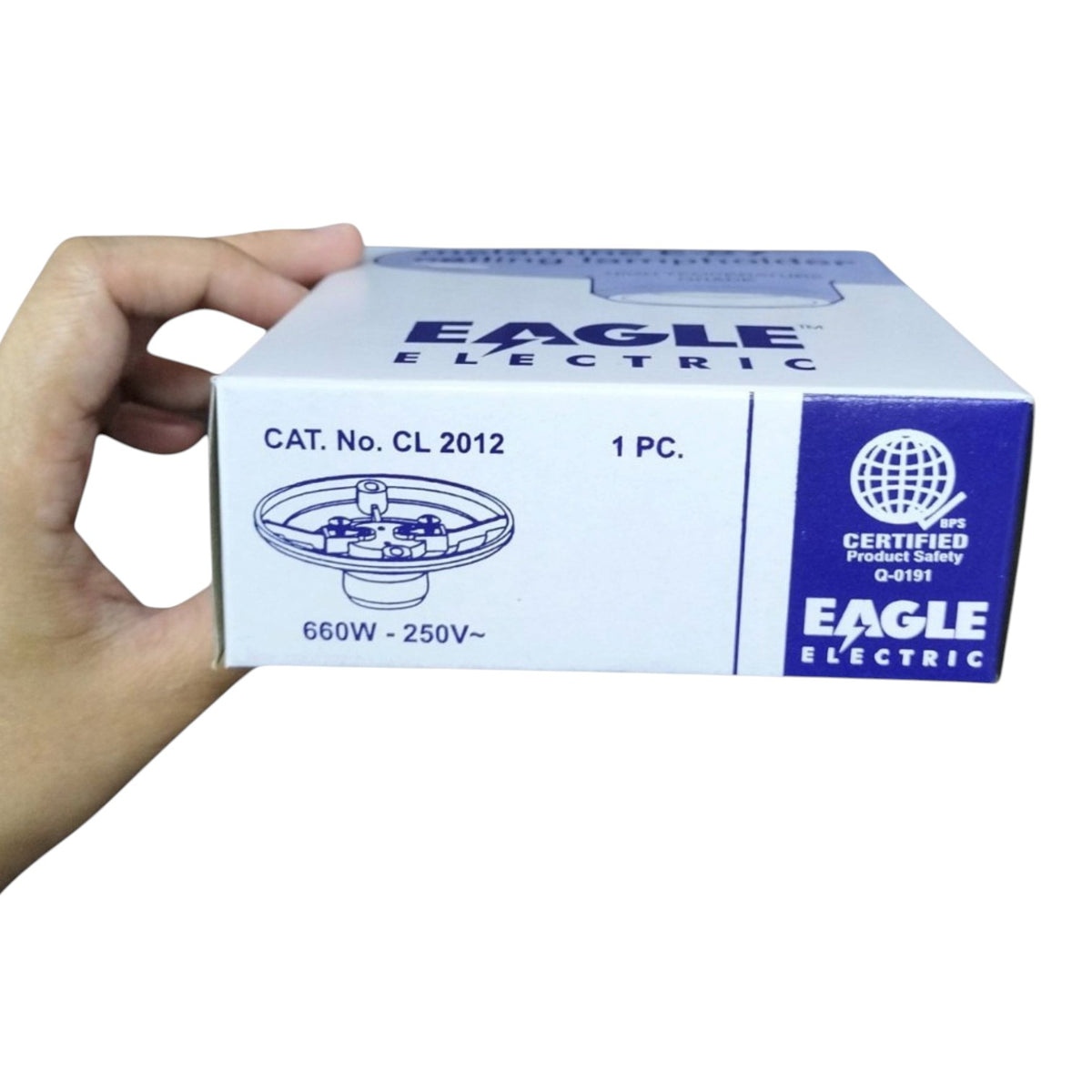 A hand holding a white and blue Eagle Electric product box, showing the text 'CAT. No.