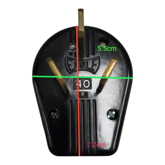 Black electrical plug viewed from above on a white background, with red and green measurement lines and text indicating dimensions 7.2cm, 5.