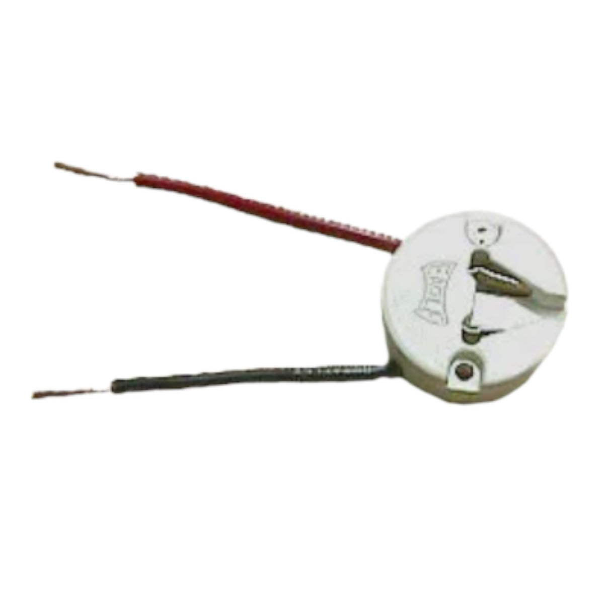 A small circular metal electronic component with two exposed wires, one red and one black, on a plain white background.