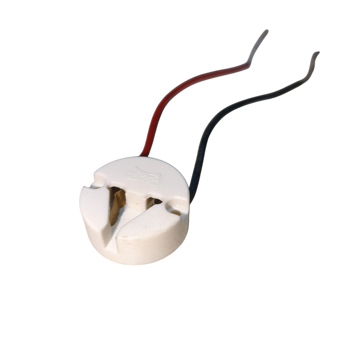 A small white plastic electrical terminal block with two wires, one red and one black, on a plain white background.