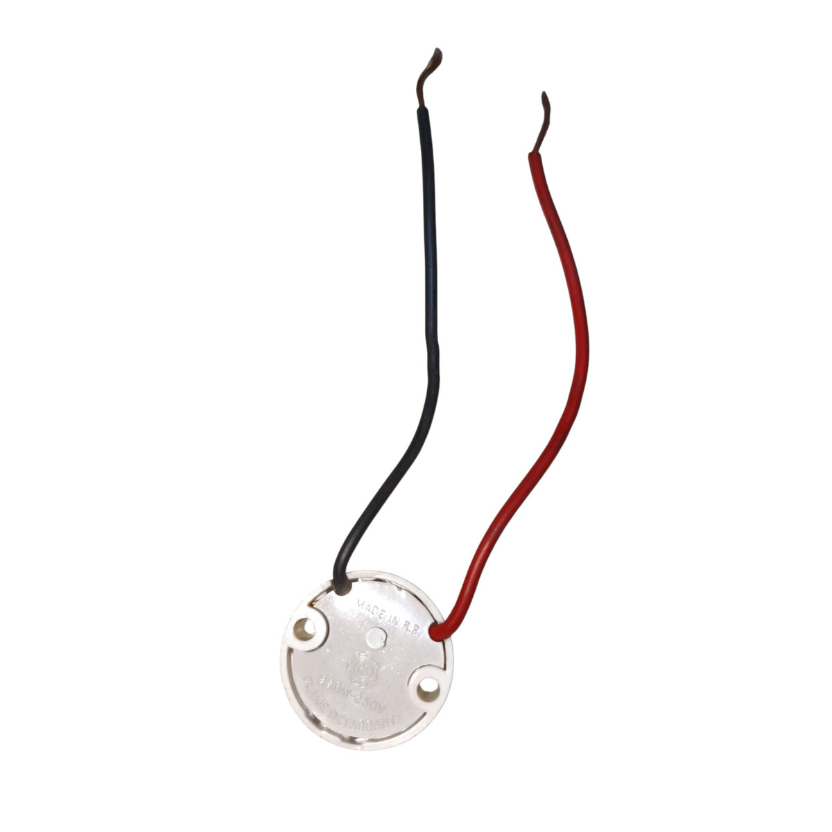 A small round metal electronic component with two wires extending upward, one black and one red, on a plain white background.