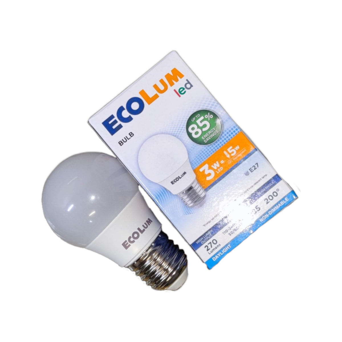 EcoLum LED bulb with packaging on a white background