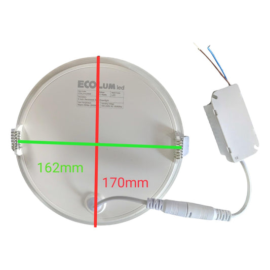 LED light fixture with measurement details on a white background