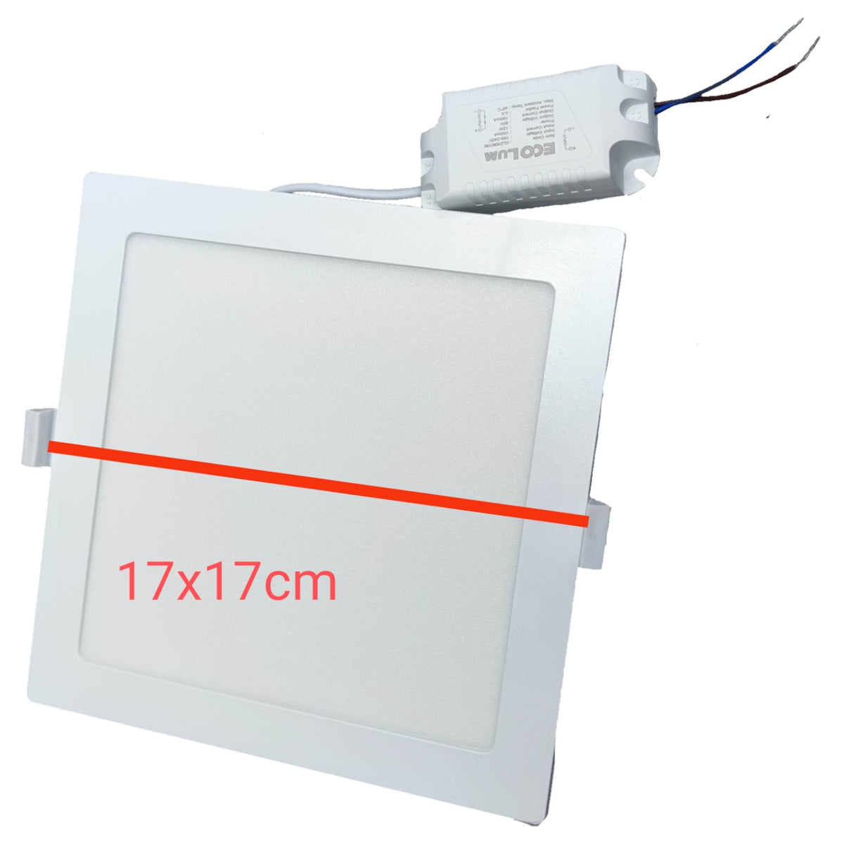 Square LED light panel with dimensions 17x17cm and a driver on a white background