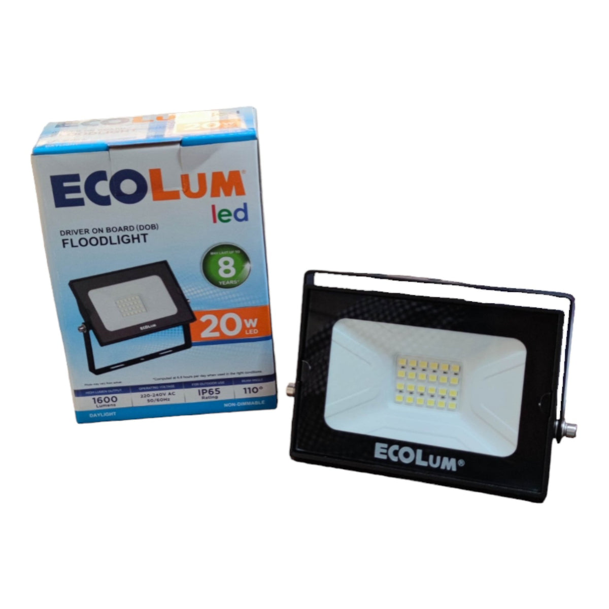 Ecolum LED floodlight with packaging on a white background
