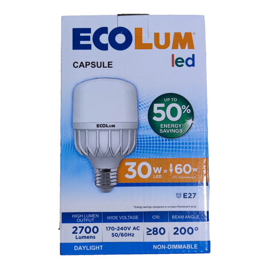 Ecolum LED bulb packaging on a white background