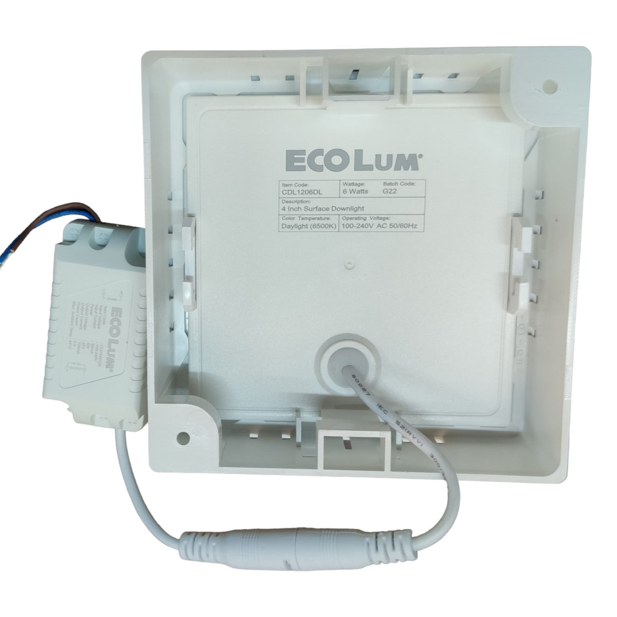 Ecolum light fixture with wiring on a white background