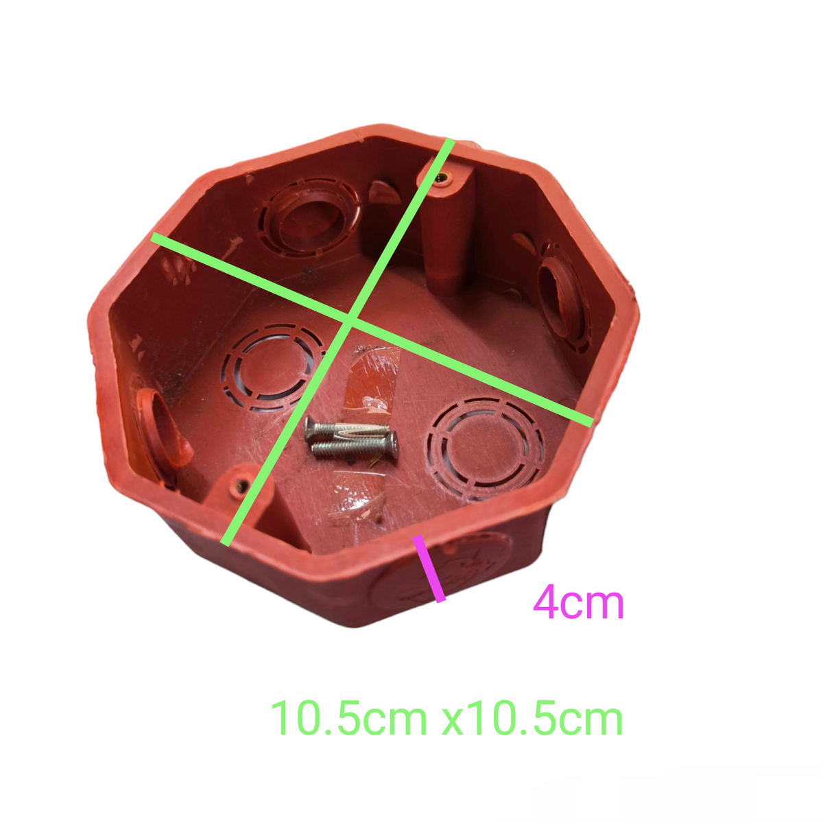 Elephant PVC 4x4 electrical junction box in red with measurements and mounting screws
