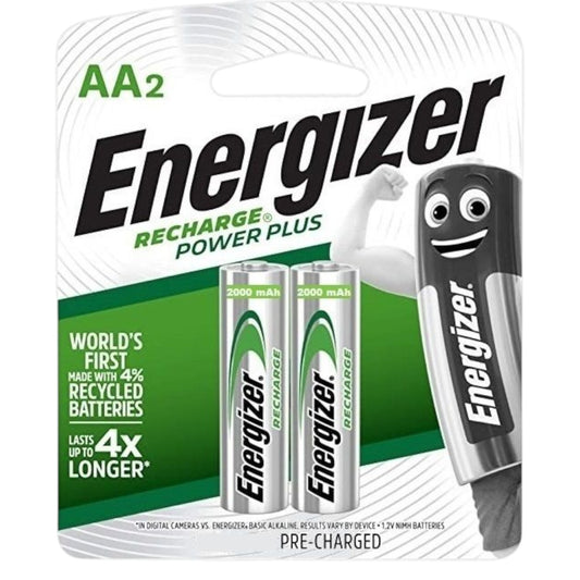 Energizer Recharge Power Plus batteries packaging with two batteries and a charger on a white background.