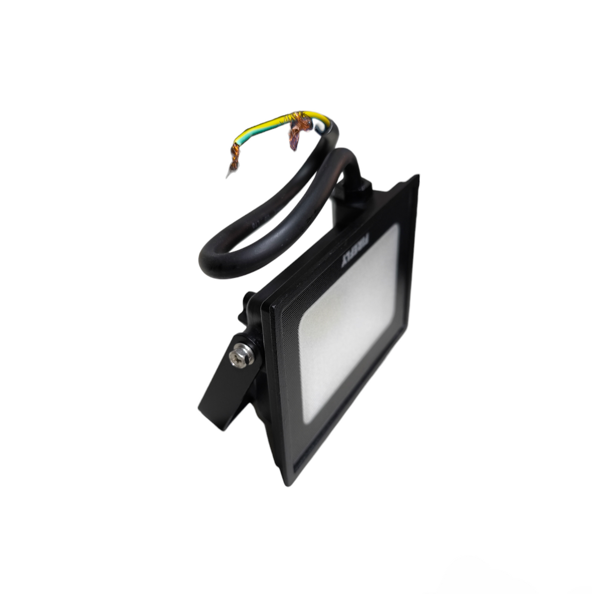 Black flood light with wiring on a white background