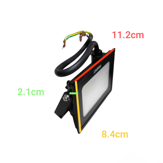 LED flood light with dimensions labeled on a white background