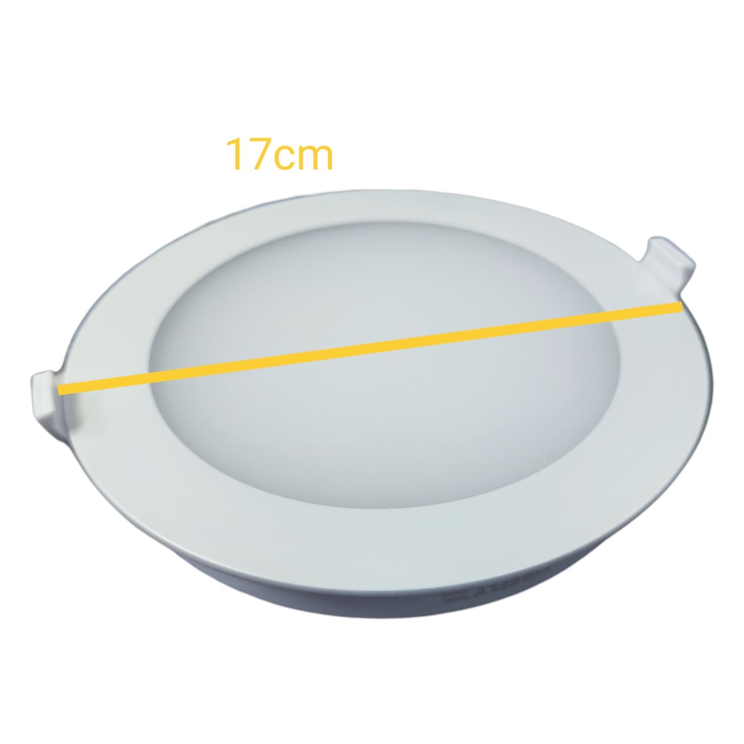 Round white object with a yellow line indicating a measurement of 17cm on a white background