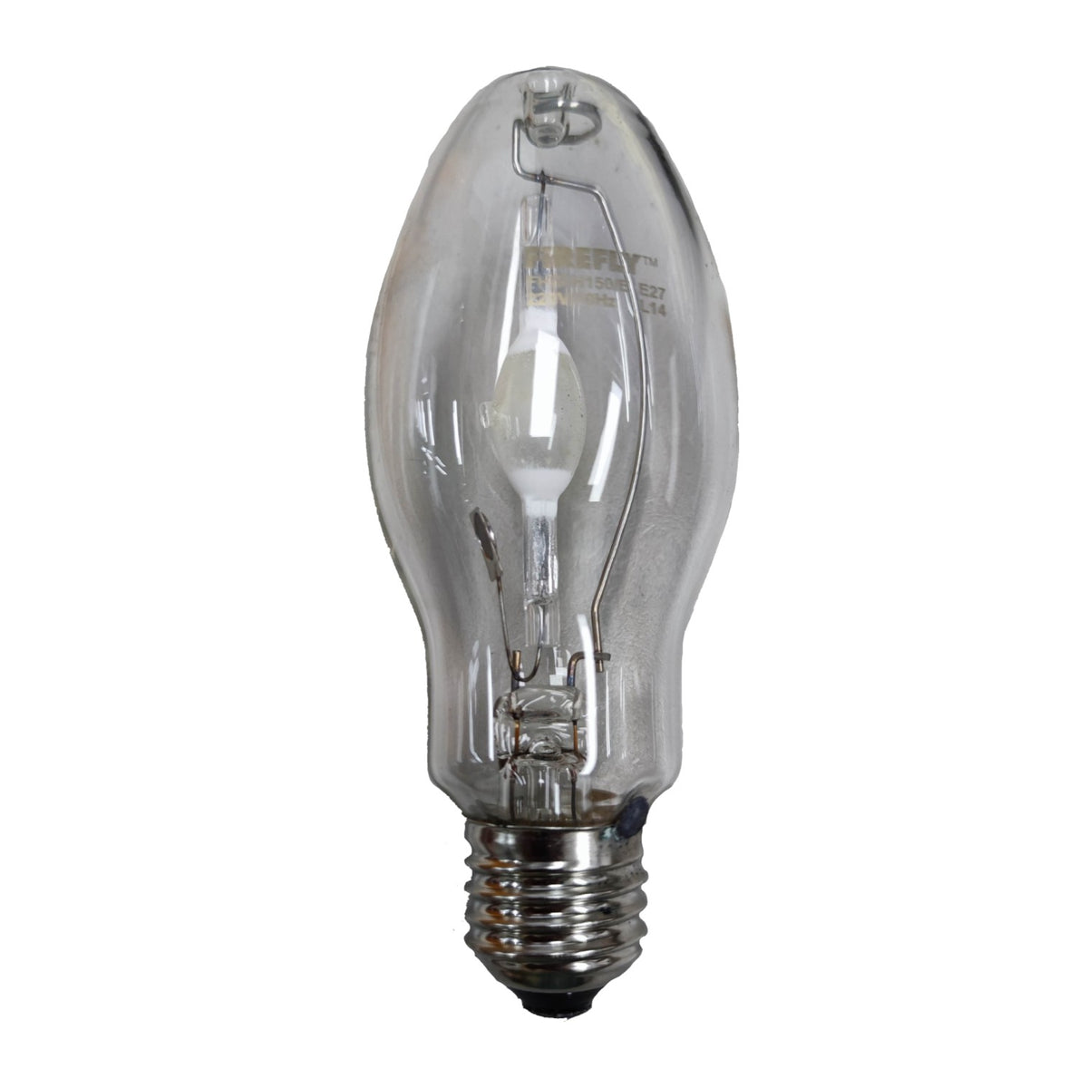 Clear light bulb with metal base on a white background