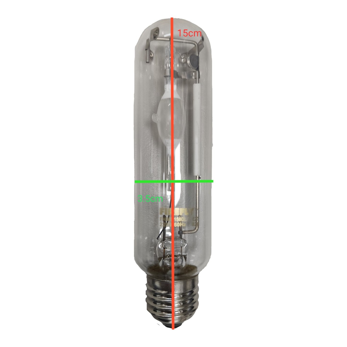 Clear light bulb with measurements on a white background
